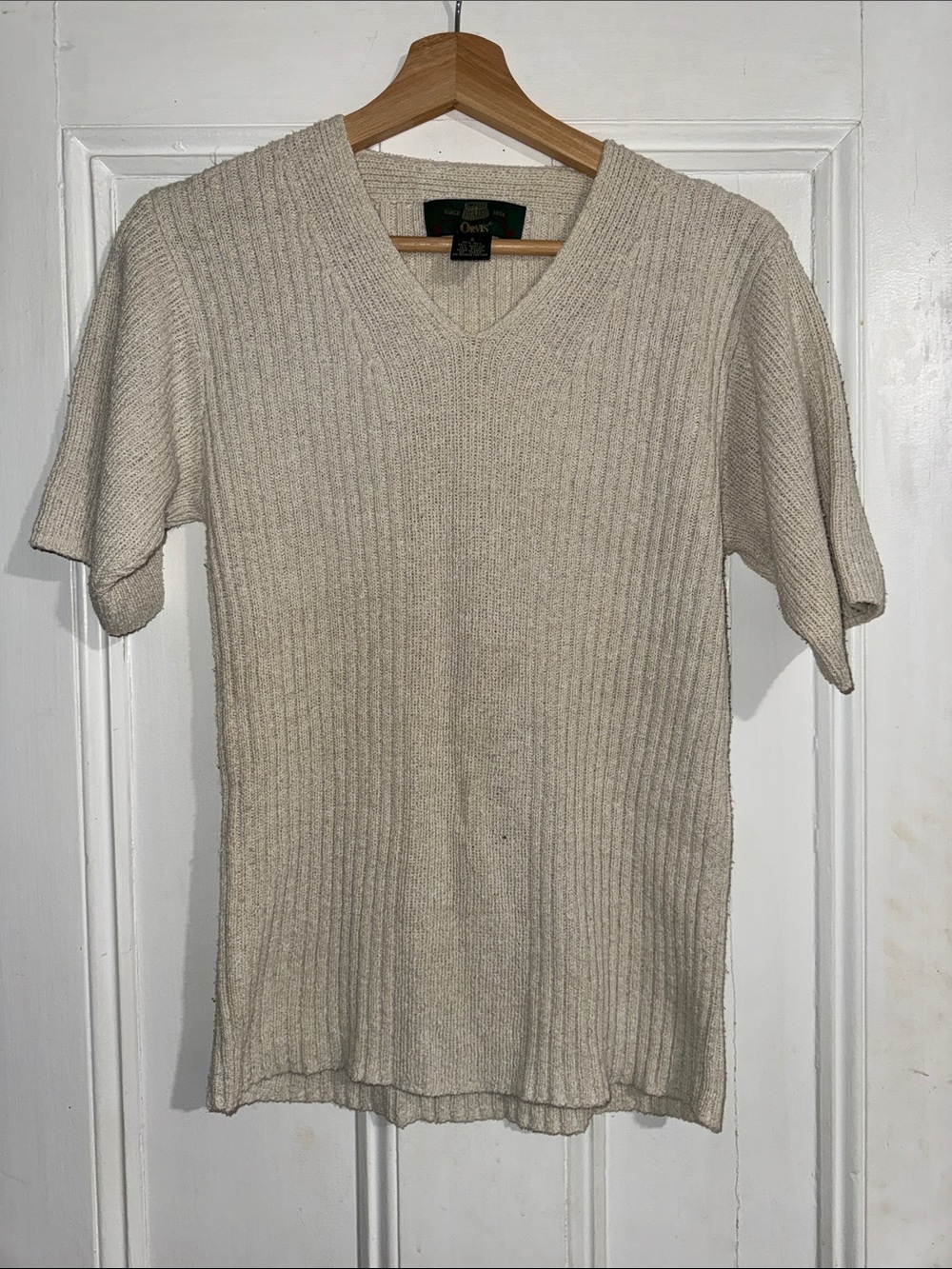 Orvis Vintage Short Sleeve V-Neck Silk Blend Ribbed Knit Sweater Top Small Cream